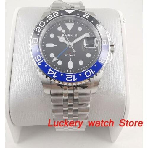 Parnis 40mm black dial blue GMT luminous marks Black and blue Ceramic Bezel sapphire glass automatic Mens Watch-PA85
