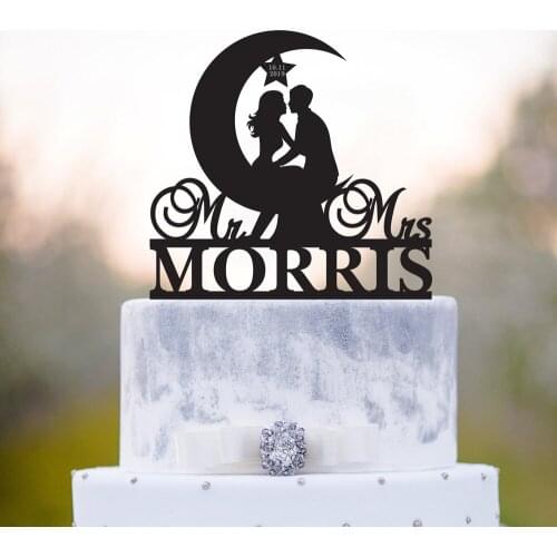 Personalized Moon wedding cake topper, Bride and Groom with name&date silhouette cake topper,Mr and Mrs Wedding Decor Supplies