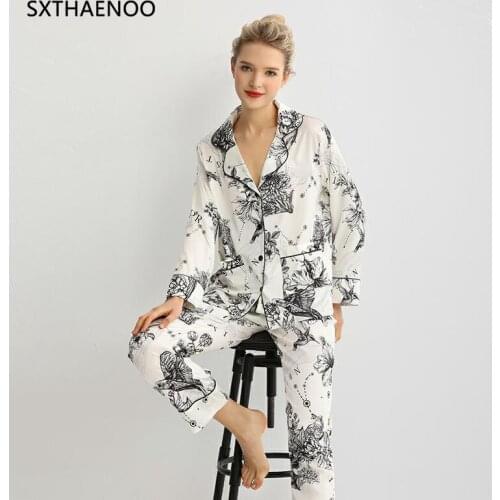 Pajama Sets Long Sleeve Turn-down Collar Women Printed Elegant Sleepwear Korean Style Loose Fashion Simple Casual Homewear