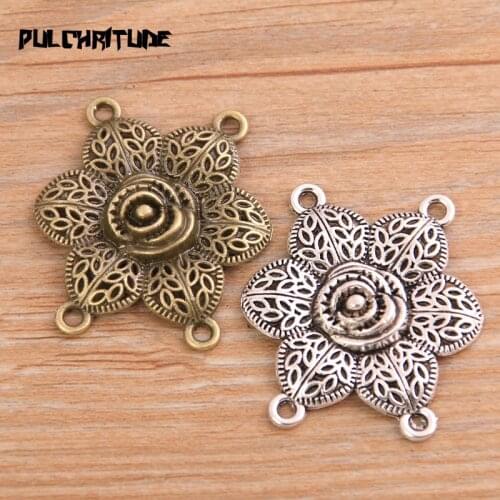 PULCHRITUDE 6pcs 32*35mm Retro Two Color Zinc Alloy Hollow Flower Pendants Connectors Linker For DIY Charm Jewelry Accessorie