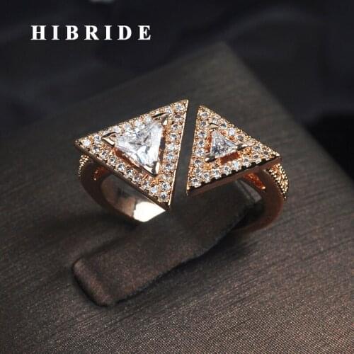 HIBRIDE Luxury Design Triangle Clear Cubic Zircon Women Wedding Ring Rose Gold-Color Adjustable Open Finger Ring Anillos R-188