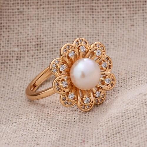 Original Handmade 14K Gold Filled Natural Freshwater Pearl Trendy Sunflower Crystal Ladies Engagement Ring Jewelry Women Gift