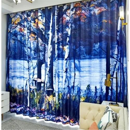 Blue forest oil painting curtains personality bay window French window thickened blackout curtains