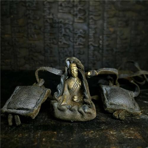 TNL391 Tibetan Medicine BUDDHA Amulet Necklace Small Pocket Buddha with Cow Leather Rope