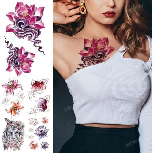 Temporary Tattoo flowers water color lotus rose lily tattoo transfer sexy body art painting for women breast back arm sleeve