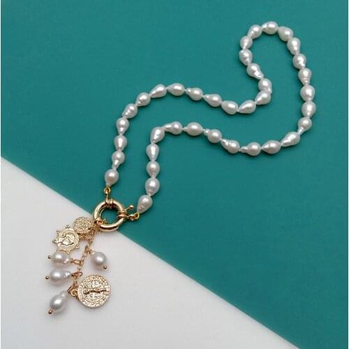 YYGEM Natural 6x10mm White Nucleated Flameball Baroque Pearl Charm Necklace 18"