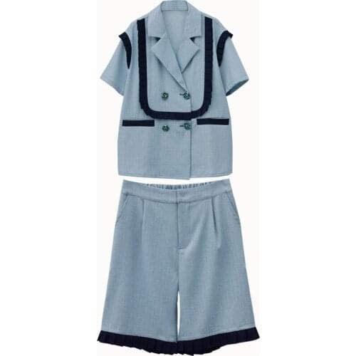 Womens Summer Suits Short Sleeve Blazer Double Breasted Blue Patchwork Buttons Decorate Suit Jackets Half Shorts Pants Loose