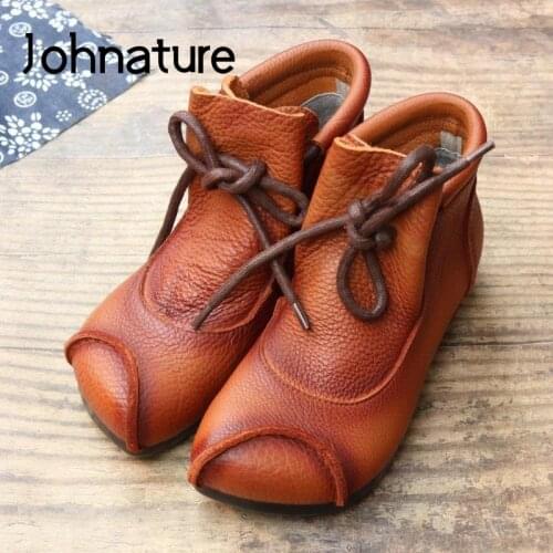 Johnature Ankle Boots For Women Shoes Genuine Leather Lace-up Women Boots 2021 New Round Toe Flat With Sewing Ladies Shoes