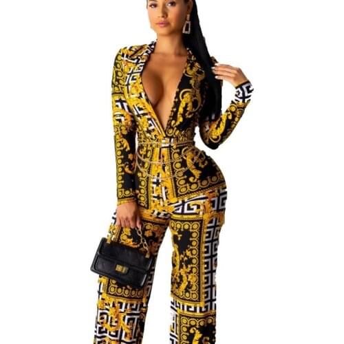2020 popular vintage print lady jumpsuits full sleeve sexy deep v-neck rompers wide leg pants vintage fashion jumpsuits