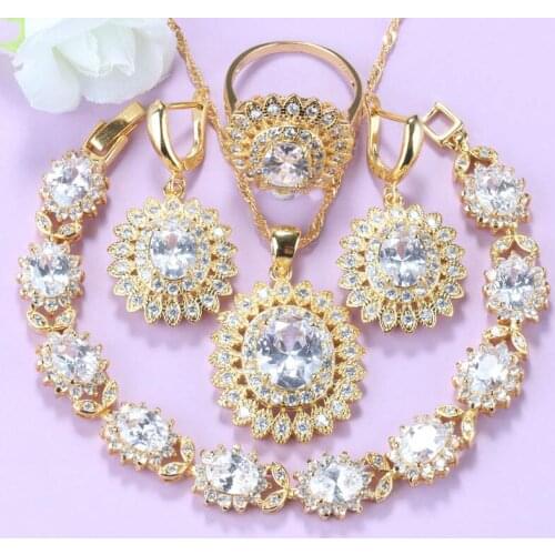 Brazilian Gold Color Prom Jewelry Set White Cubic Zirconia Earrings Wedding Ring Choker Necklace Set For Women Fashion Costume