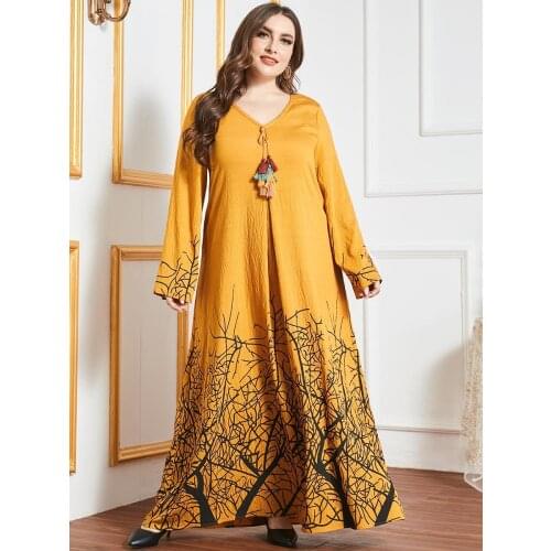 2021 Summer Dress Women V Neck Long Sleeve Print Casual Dress Plus Size 4XL Big Size Abaya Dubai Muslim Islamic Clothing