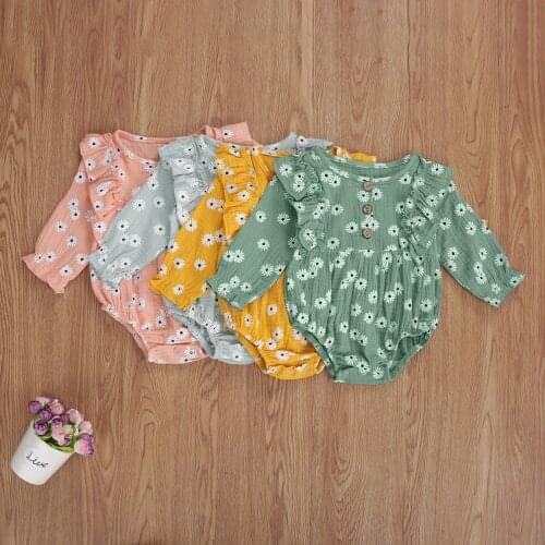 Infant Girls Daisy Flower Romper Outfits, Round Neck Long Sleeve Printed Overall Jumpsuits Clothes