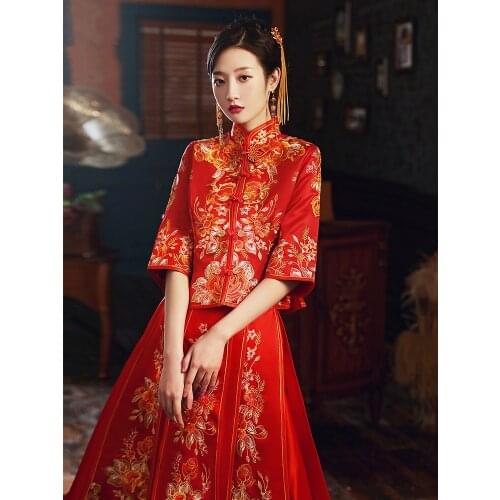 Disfraz Chino Oriental Traditional Wedding Suit Cheongsam Dress Set Refined Banquet Stylish Elegant Bride китайская одежда