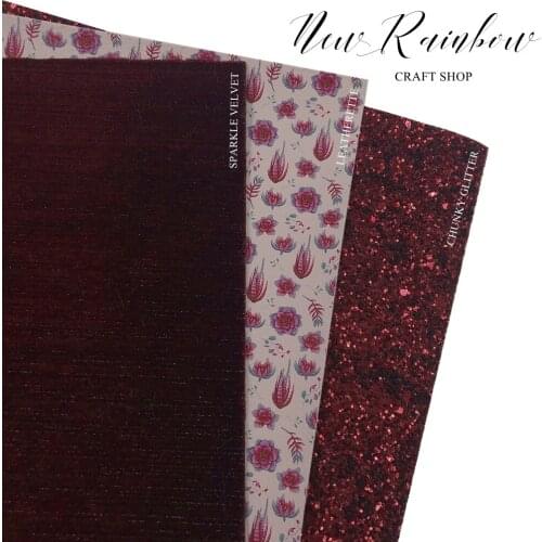 New Rainbow 30x22CM/A4 Burgundy Red Cactus Succulent Plants Pretty Faux Leatherette Sheet Bundle For Bows, Accessories, DIY