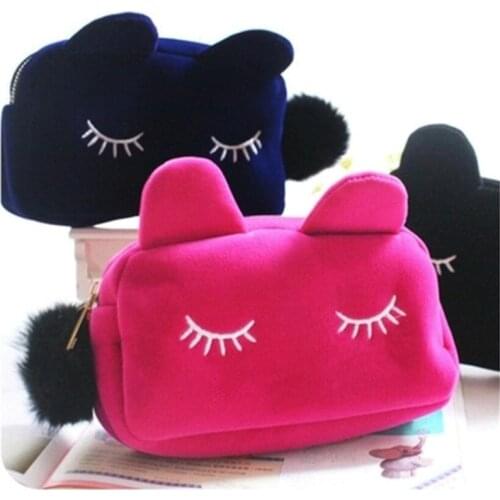 1pc Cartoon Cat Coin Toiletry Bag Storage Case Travel Makeup Flannel Pouch Organizer Cosmetic Bag Cases For Women Girls
