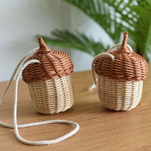 Pastoral Style Handwoven Round Rattan Bag Bucket Tropical Beach Style Woven Shoulder Rattan Bag Photo Props Wholesale JU0189