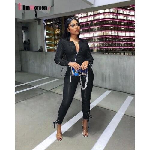 Cool Moto Bandage Pu Leather Two Piece Set Long Sleeve Zip Coat Lace Up Bodycon Pants Women Clothing Fashion Streetwear Outfits