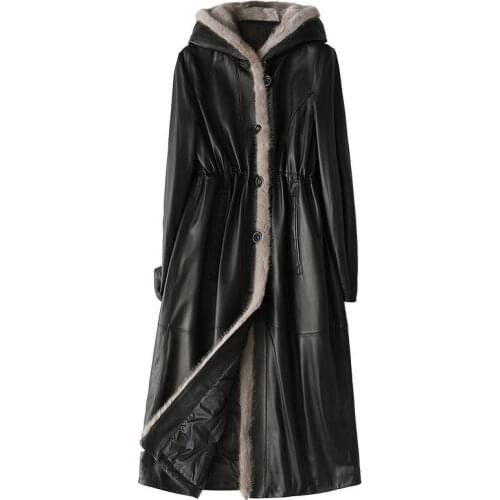 Plus size 100% Sheep Skin 2021 Genuine Leather Jacket Mink Hooded Down thicken winter fashion Coat real Fur collar