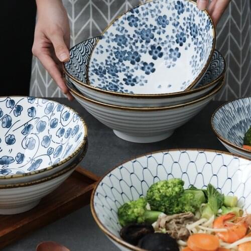 7/8/9 Inch Japanese Style Ramen Bowl Retro Ceramic Salad Noodle Soup Rice Bowl Household Large Bowl Single Underglaze Tableware
