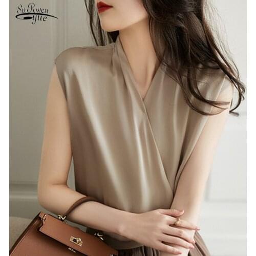 Fashion Satin Silk Blouse Women 2021 Summer V-Neck Sleeveless Womens Shirt Casual Office Lady Loose Tops Shirts Blusas 15399