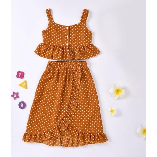 2021 New Fashion Summer Girl 2Piece Set Fresh Polka Dot Ruffles Suspender Tops +Elastic A-line Mid-length Skirt Girl Set Suit