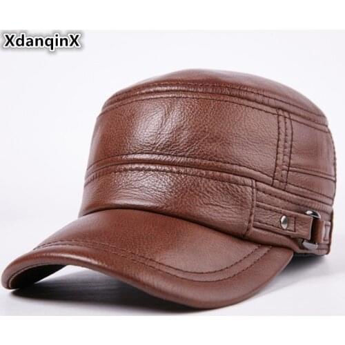 XdanqinX Autumn Winter Adult Men Genuine Leather Warm Baseball Caps Cowhide Flat Top Cap For Middle-aged Men Brands Leather Hats