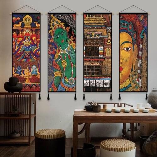 Tibetan Style Hanging Tapestry Scroll Paintings Bedroom Art Poster for Home Ethnic Decorative Wall Poster Home Decor