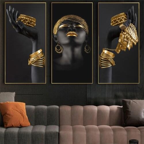 African Woman Holding Gold Jewelry Posters and Prints Large Black Women Canvas Pictures Home Decoration (No Frame)