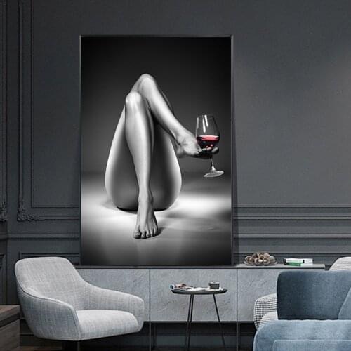 Self-adhesive Wall Sticker Prints Woman Wine Glass Painting Black White Sexy Girl Poster Wall Art Pictures for Living Room Decor
