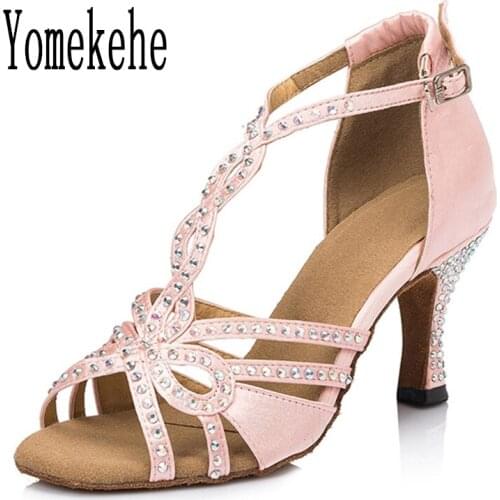 Women Ballroom Latin Dance Shoes Professional Dancing Satin Rhinestones Girls Ladies Heeled Tango Soft Soles Hot Selling 6/7.5CM