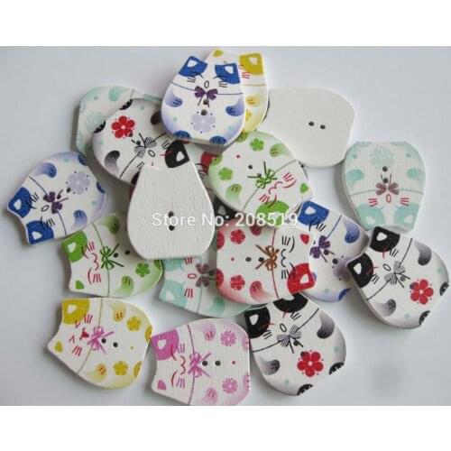 WBNAKW 100pcs Animal Buttons for baby decoration 2 holes sewing accessories wood button Cat