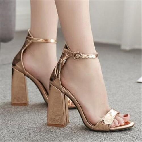 Women sandals Patent Leather Buckle Strap 11.5CM Square heel High heels Round Toe Shallow women sandals size 35-42 Golden