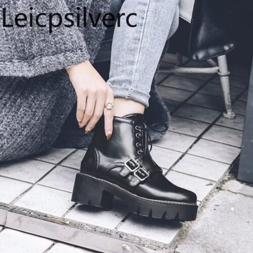 Martin boots Autumn And Winter The New fashion Round head Lace up mid heel Short tube Womens shoes plus size 32-43 5.5cm high