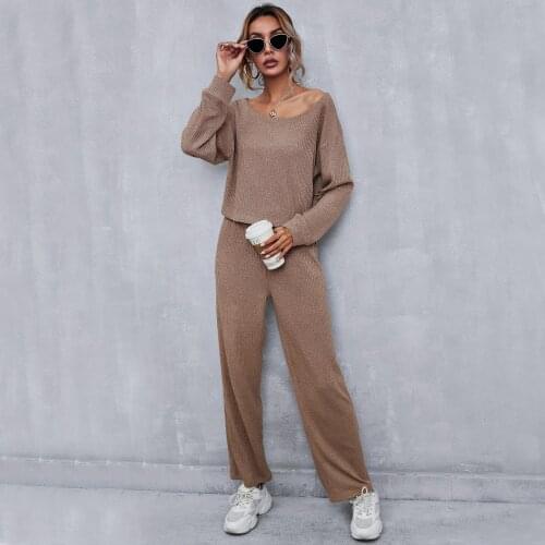 Women knitted suits Spring Autumn long sleeve O-neck pullovers +full straight pants female Casual knit track suits set