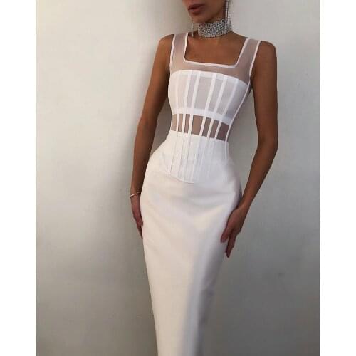 High Street White Elegant Fasion Hollow Out Mid Bodycon Bandage Dress Celebrity Designer Fashion Evening Party Dress