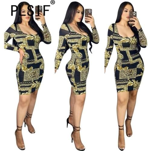 Women O Neck Vintage Print Bodycon Dress Ladies Full Sleeve Sexy Mini Dress Summer Vestidos