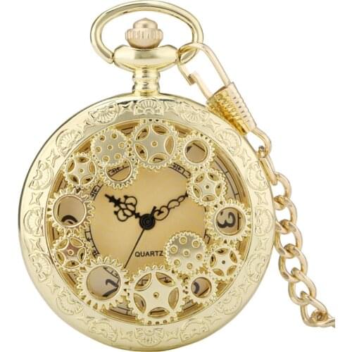 Gold Color Exquise Copper Steampunk Hollow Gear Quartz Pocket Watch Necklace Clock FOB Pocket Chain Jewelry Watch for Men Women