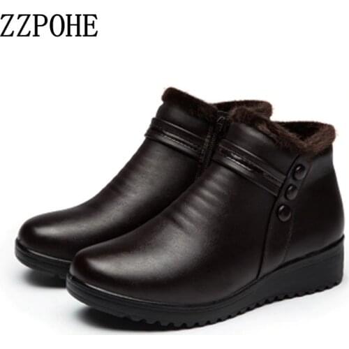 ZZPOHE 2020 Fashion Winter Boots Women Genuine Leather Ankle Warm Boots Mom autumn plush wedge shoes Woman shoes Big Size 35-41