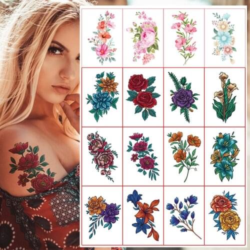 12pcs/set Waterproof Temporary Tattoos for Women Colorful Flower Fake Tattoo Stickers Girls Sexy Full Body Transfer Tattoo