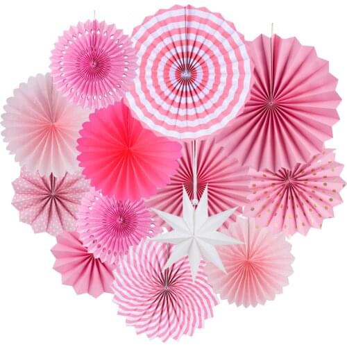 13pcs Pink Paper Fan Round Wheel For Baby Shower Kids Birthday Christmas Wedding Party Craft Event Photo Backdrop Decor