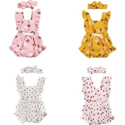 2020 2 Kinds Cute Infant Baby Girls Rompers 2pcs Cotton Linen Clothes Taasels/Ruffle Sleeveless Pineapple/Dot Print Playsuit