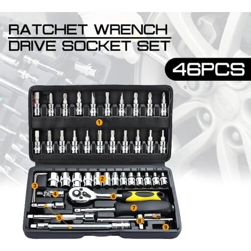 46pcs with Plastic Toolbox Storage Case Ratchet Wrench Drive Socket Set Car Auto Automobile Motorcycle Repair Tool