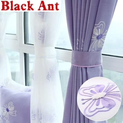 Purple Curtains Butterfly White Embroidered Voile Window Modern Living Room Rural Curtains Linen Sheer Fabrics Cortinas X067#30