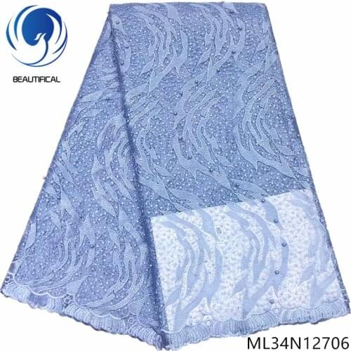 Beautifical nigerian lace fabrics for dress Latest wholsale embroidery beads net lace fabric 5yards tulle mesh lace ML34N127