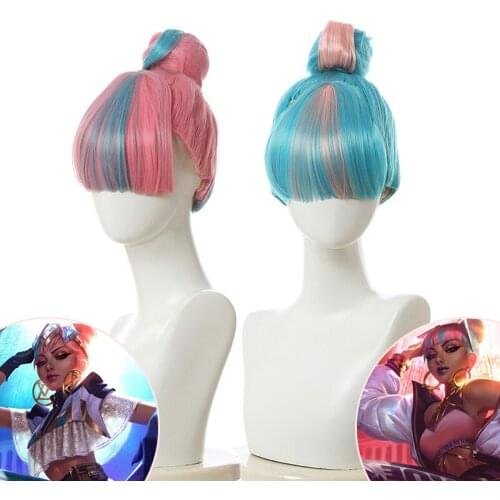 Hot Game LOL Qiyana True Damage Pink Blue Hair Gradient Cosplay Wig for Game Party Costume Prop Accessories
