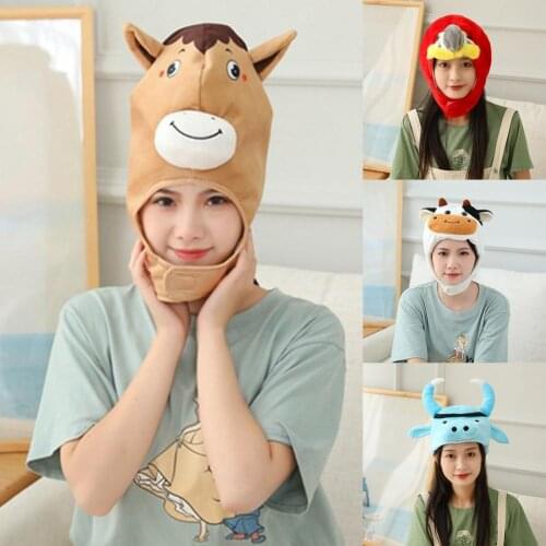 Cute Bee Sloth Parrot Cow Horse Head Soft Plush Doll Headgear Hat Sleeping Toy Baby Birthday Gift Girlfriend Sleeping Doll Toy