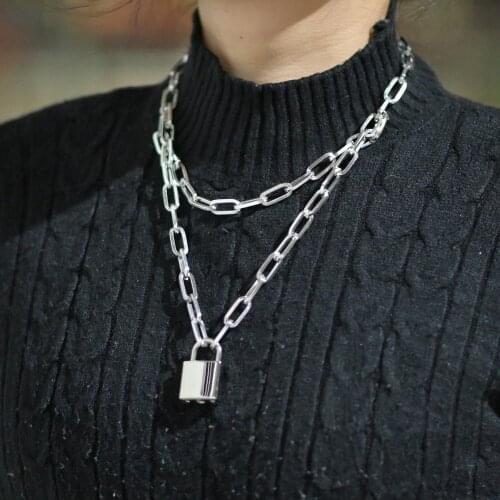 Layered Punk Chain Necklace Lock Pendant Necklace Women Choker Metal Padlock Chains Goth Jewelry Aesthetic Accessory with Key