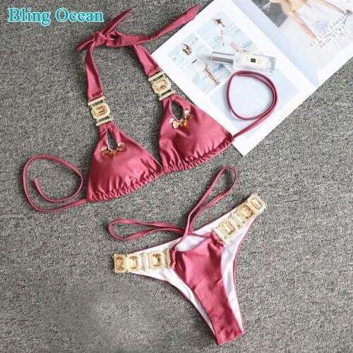 Fashion Crystal and diamond bandage solid color split sexy swimsuit and beach bikini