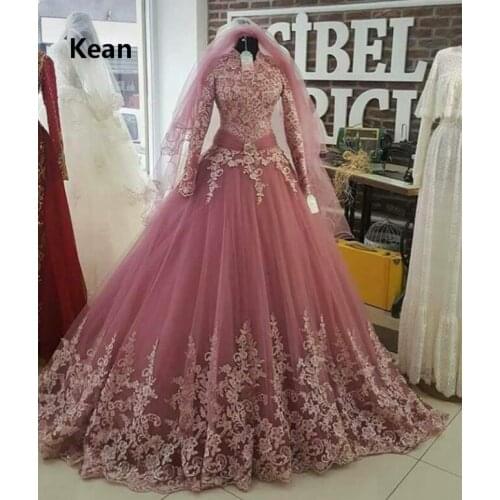 Dark Pink Muslim Wedding Dress High neck Full Sleeve Hijab Vestido De Noiva Dubai Arabic Wedding Gown Bride Dress Robe De Mariee