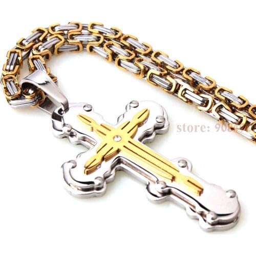 Men Religious Silver Gold Stainless Steel Cross Pendant Byzantine Necklace
